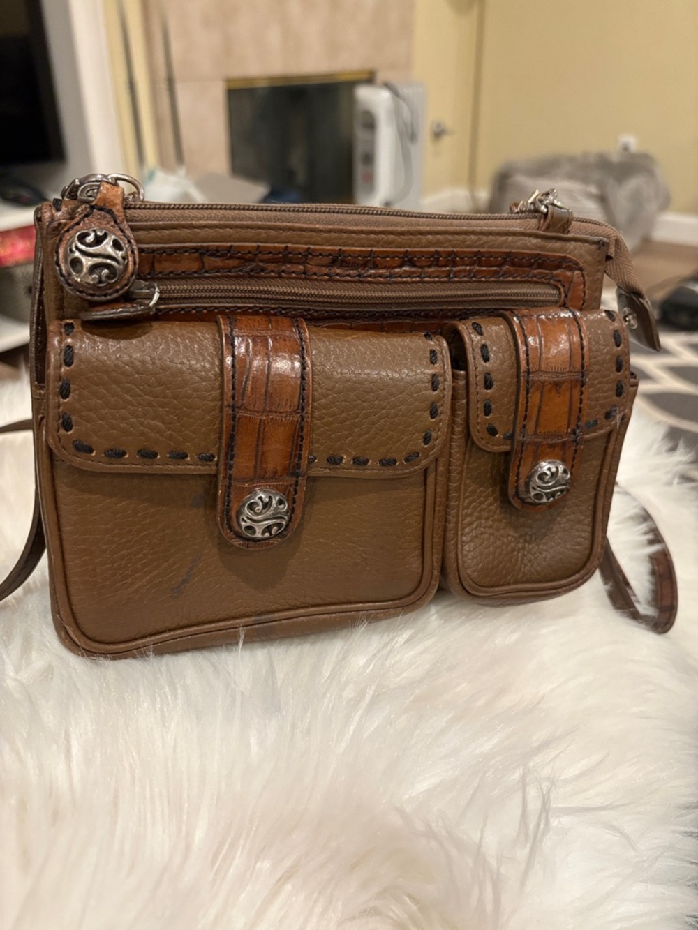 Brighton Brown Leather Crossbody Bag with Croc-Trim Accent - Picture 4 of 16